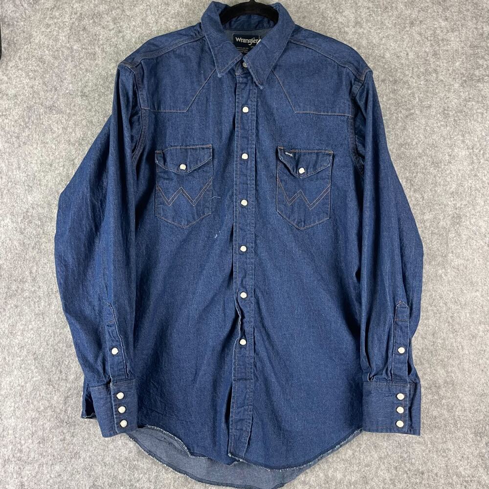Vintage Wrangler Denim Western Shirt Mens 17.5 35 X-Long Tails Pearl Snap USA‎